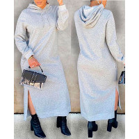 Long Sleeve Slit Hooded Casual Dress - light gray