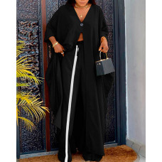 Long Sleeve Slit Longline Top & Contrast Paneled Pants Set - black