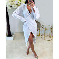 Long Sleeve Slit Plunge Shirt Dress - white