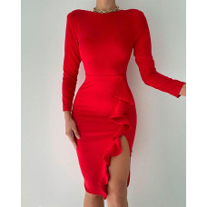 Long Sleeve Slit Ruffles Bodycon Dress - red