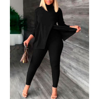 Long Sleeve Slit Top & High Waist Pants Set - black