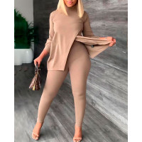 Long Sleeve Slit Top & High Waist Pants Set - khaki