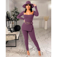 Long Sleeve Slit Top & High Waist Pants Set - purple