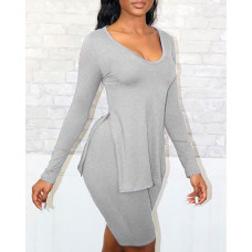 Long Sleeve Slit Top & High Waist Shorts Set - gray