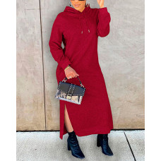 Long Sleeve Split Hem Hooded Sweatshirt Dress - Wine red