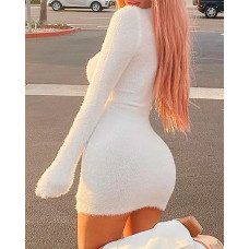 Long Sleeve Teddy Bodycon Dress - white