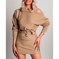 Long Sleeve Tie Back Sweater Dress - khaki