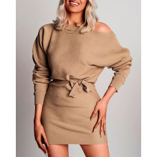 Long Sleeve Tie Back Sweater Dress - khaki