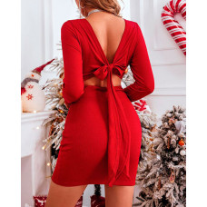 Long Sleeve Tied Detail Backless Bodycon Dress - red