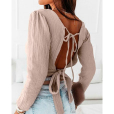 Long Sleeve Tied Detail Backless Top - khaki