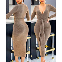 Long Sleeve Tied Detail Midi Dress - gold