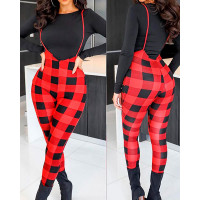 Long Sleeve Top & Plaid Print Suspender Jumpsuit Set - red