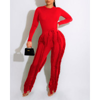 Long Sleeve Top & Tassel Trim Pants Set - red