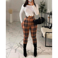 Long Sleeve Top With Plaid Print Suspender Jumpsuit - khaki