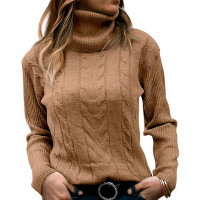 Long Sleeve Turtleneck Cable Knit Sweater - khaki