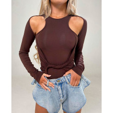 Long Sleeve Twist Cutout Skinny Bodysuit - brown