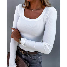 Long Sleeve U-Neck Skinny Ribbed Top - white