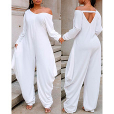 Long Sleeve V-Neck Harem Jumpsuit - white