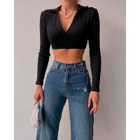 Long Sleeve V-Neck Ribbed Crop Top - black