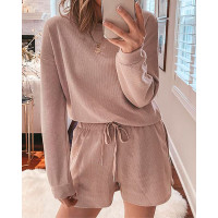 Long Sleeve Waffle Knit Top & Drawstring Shorts Set - khaki