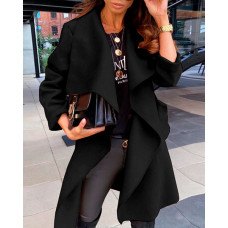 Long Sleeve Waterfall Neck Belted Coat - black