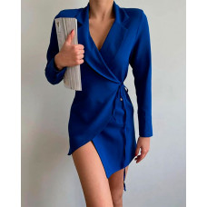 Long Sleeve Wrap Tie Side Blazer Dress - blue