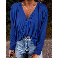 Long Sleeve Wrap Top With Detachable Pearls Chain - blue