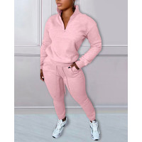 Long Sleeve Zip Detail Casual Top & Drawstring Pants Set - pink