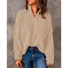 Long Sleeve Zip Detail Chunky Knit Sweater - Apricot