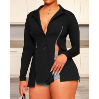 Long Sleeve Zip Detail Slit Blazer - black