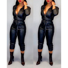 Long Sleeve Zip Front PU Leather Belted Jumpsuit - black