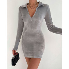 Long Sleeve Zip Front Velvet Bodycon Dress - gray