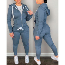 Long Sleeve Zip Up Hooded Top & Drawstring Pants Set - blue