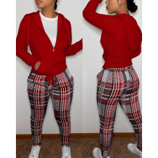 Long Sleeve Zip Up Hooded Top & Plaid Print Pants Set - red