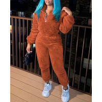 Long Sleeve Zipper Design Fluffy Top & High Waist Pants Set - orange