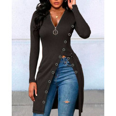 Long Sleeve Zipper Design High Slit Top - black