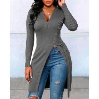 Long Sleeve Zipper Design High Slit Top - gray