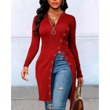 Long Sleeve Zipper Design High Slit Top - red