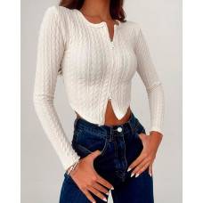 Long Sleeve Zipper Design Knit Crop Top - white