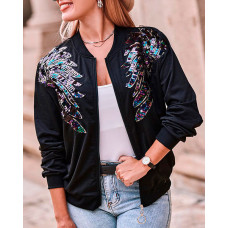 Long Sleeve Zipper Design Sequin Wings Baseball Jacket - black