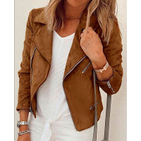 Long Sleeve Zipper Design Suede Biker Jacket - khaki