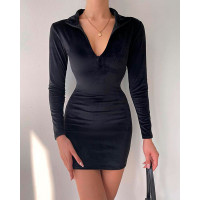 Long Sleeve Zipper Front Velvet Bodycon Dress - black