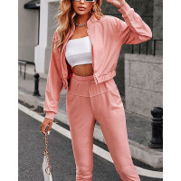 Long Sleeve Zipper Jacket & Pants Set - pink