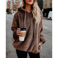 Long Sleeve Zipper Pocket Design Teddy Hoodie - coffee