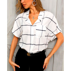 Loose Short Sleeved Plaid Top - white