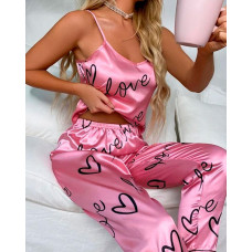 Love Heart Print Satin Cami Set - pink