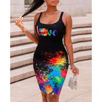 Love Lip Ink Splash Print Sleeveless Bodycon Dress - black