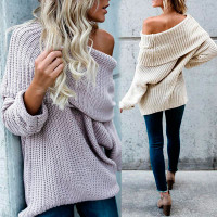 Low Cut Fold-Over Baggy Knitted Sweater - light purple