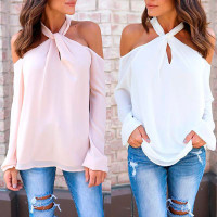 Low Cut Twisted Halter Casual Blouse - pink,black