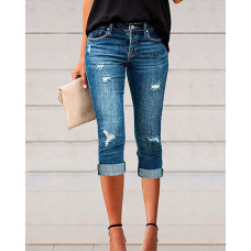 Low Waist Ripped Cutout Capris Jeans - dark blue